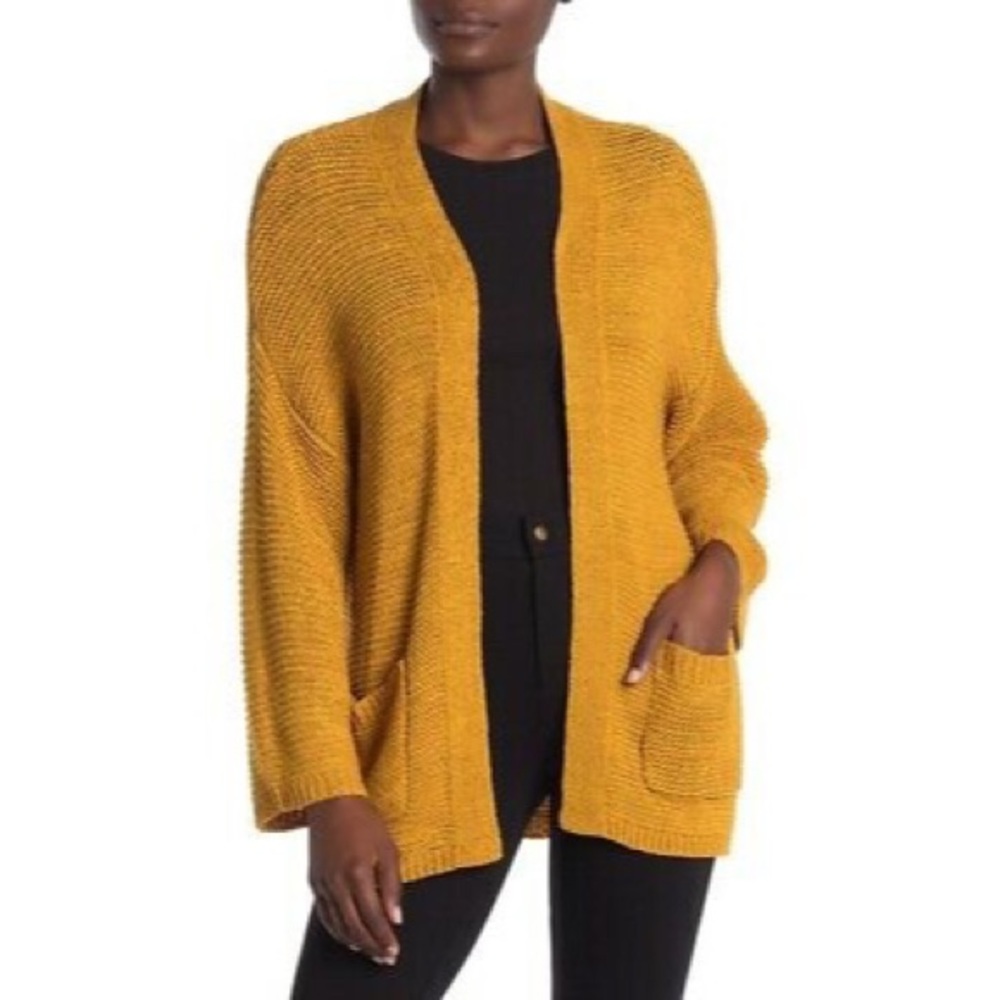 CENY Open Front Cardigan Mustard Yellow Patch Pockets Wide Sleeves